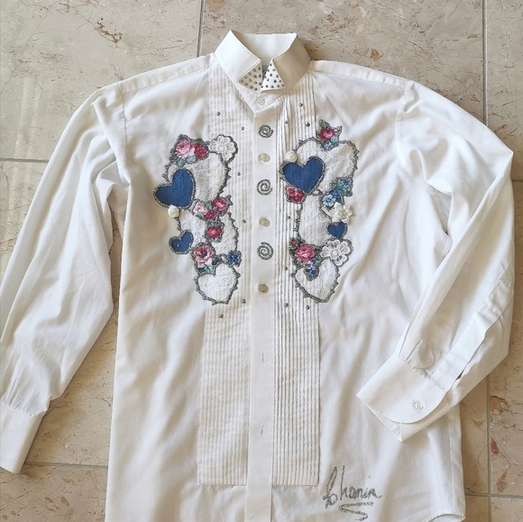 VINTAGE White top blouse tuxedo shirt Artisan - Picture 8 of 8